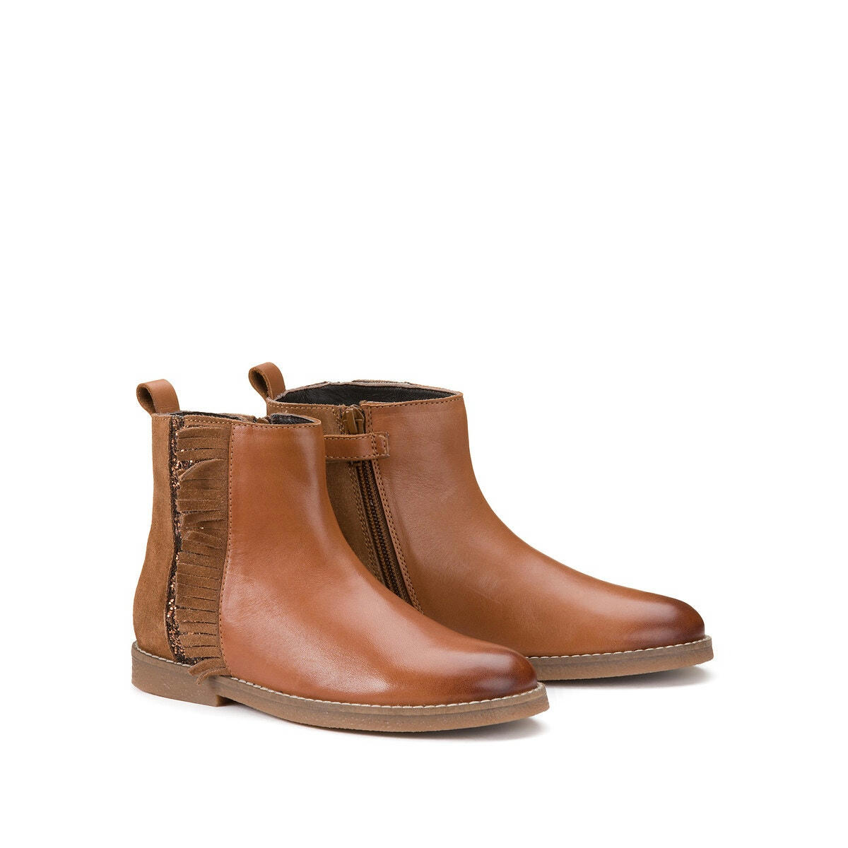 Bottines cuir, détails franges et paillettes