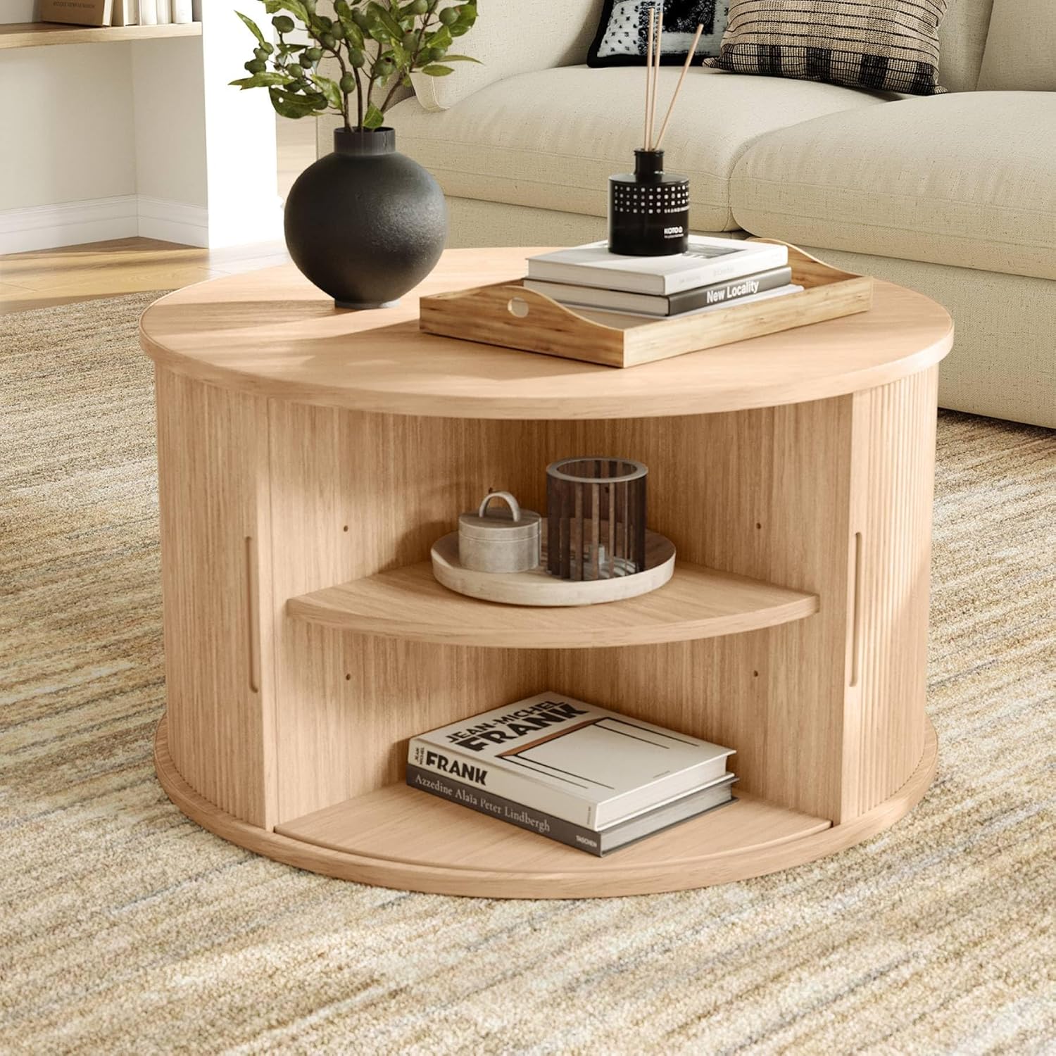 LINSY HOME Round Coffee Table, 31.5 Drum Coffee Table with Sliding Tambour Door, Fluted Accent Center Table with Storage, Mid Century Modern Coffee Table for Living Room, Oak