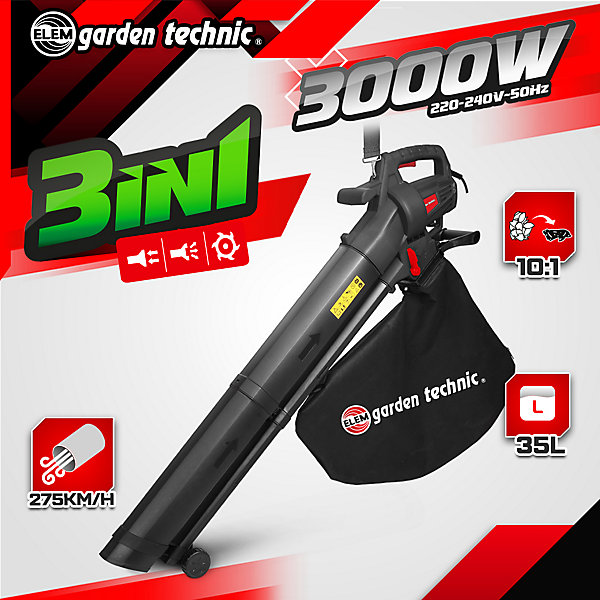 Aspirateur Souffleur Broyeur de Feuilles 3000W - 270 km/h - 10:1 - Sac 35L - Elem Garden
