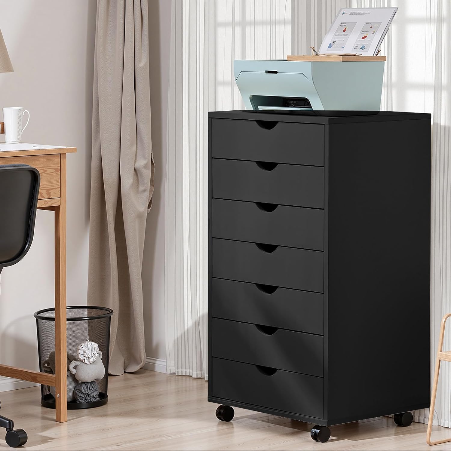 OLIXIS 7 Drawer File Cabinet, Mobile Filing Cabinet Under Desk Storage Organization with Wheels, Vertical Filing Chest Rolling Wood Small Desk Printer Stand for Home Office, Dark