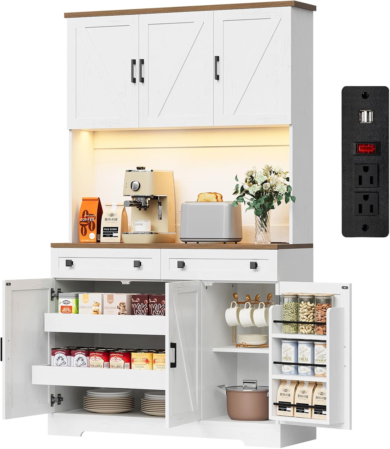 71 Kitchen Pantry Cabinet with Charging Station & LED Lights, Tall Kitchen Storage Cabinet with Hutch Coffee Bar, Farmhouse Pantry with Door Shelf & pull out Shelf for Dining Room Kitchen, White