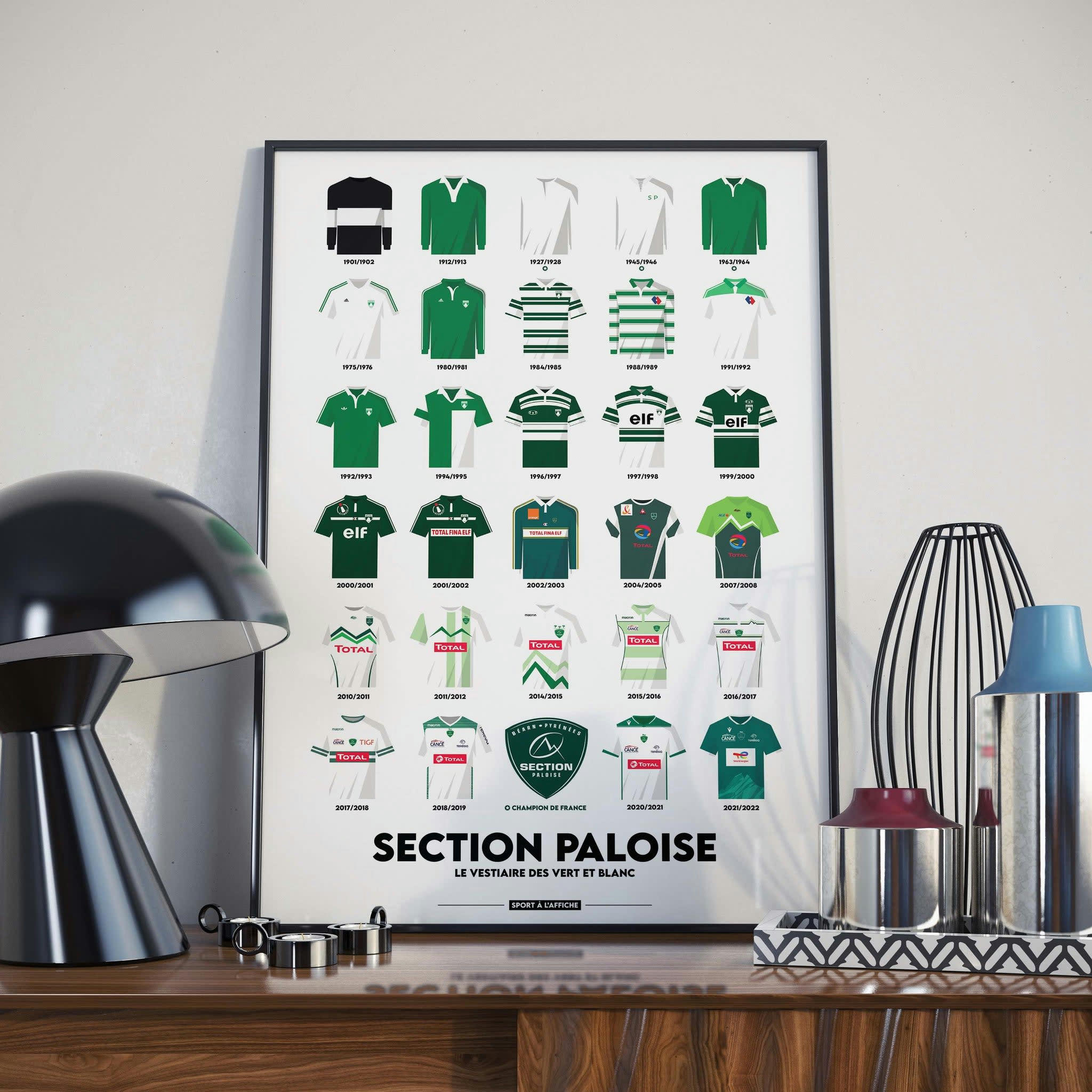 SECTION PALOISE - Affiche Rugby Section Paloise - Maillots Historique 40 x 60 cm