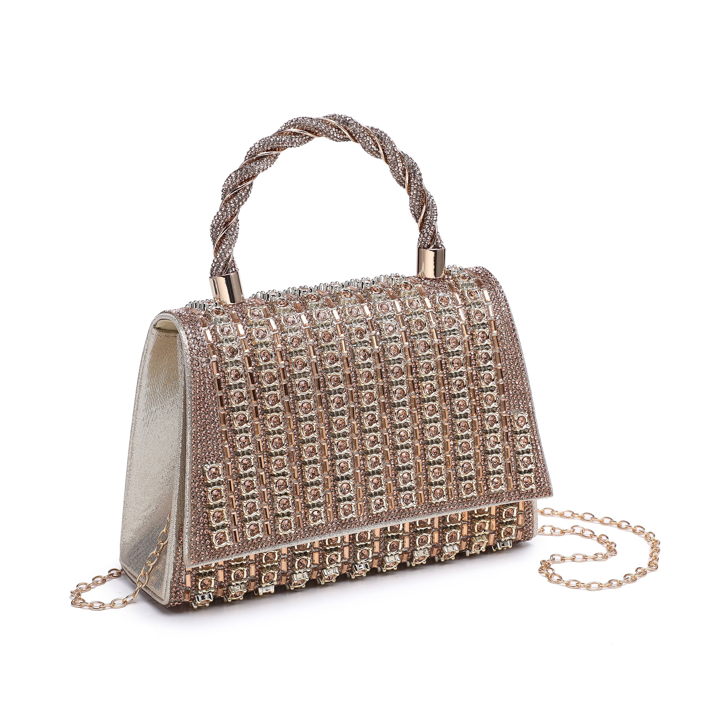 JFY Trapezoid Shape Flap Twist Top Handle Double Side Diamante Bag