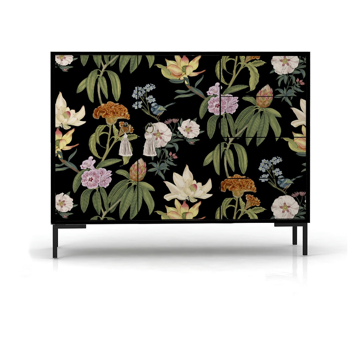 JARA - Buffet bas 2portes 4 tiroirs MDF imprimé floral sur fond noir