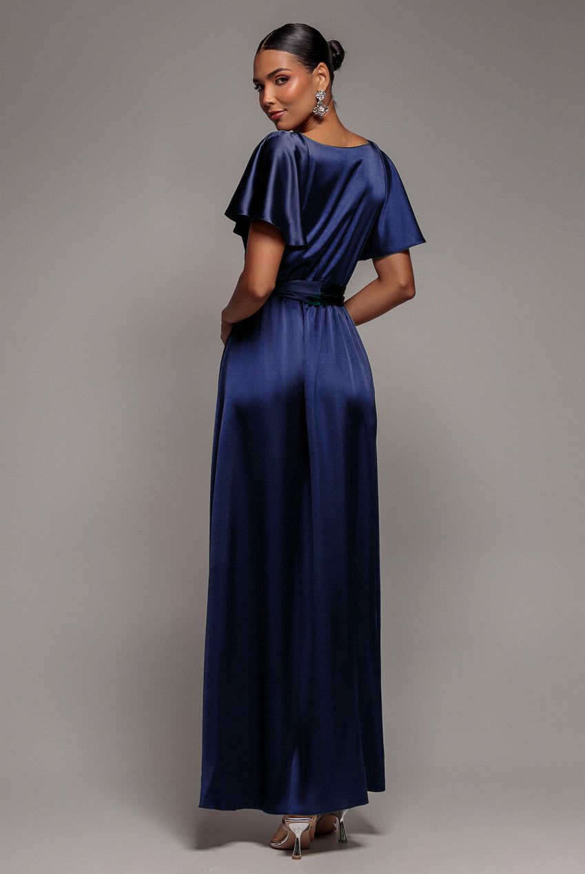 Goddiva Satin Flutter Sleeve Wrap Maxi Dress