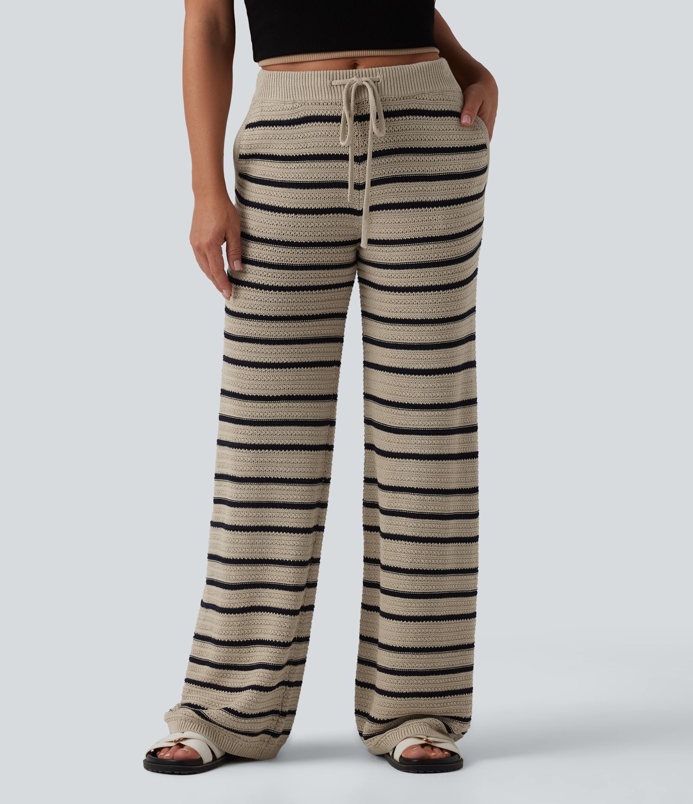 Pantalon pull ample décontracté taille basse avec cordon de serrage color block rayures avec poches