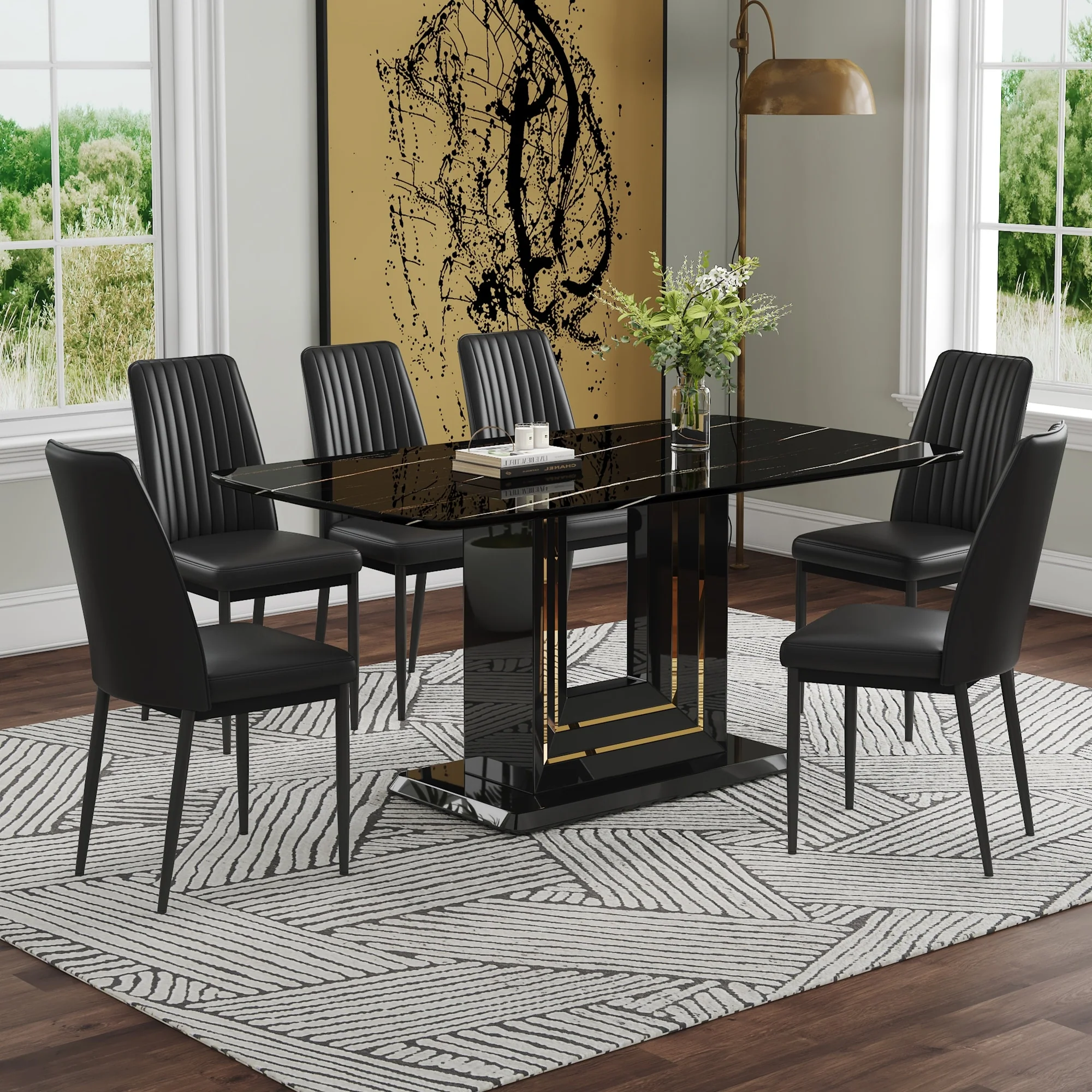 Black 7-Piece Dining Table Set with Faux Marble Rectangular Table & 6 Chairs