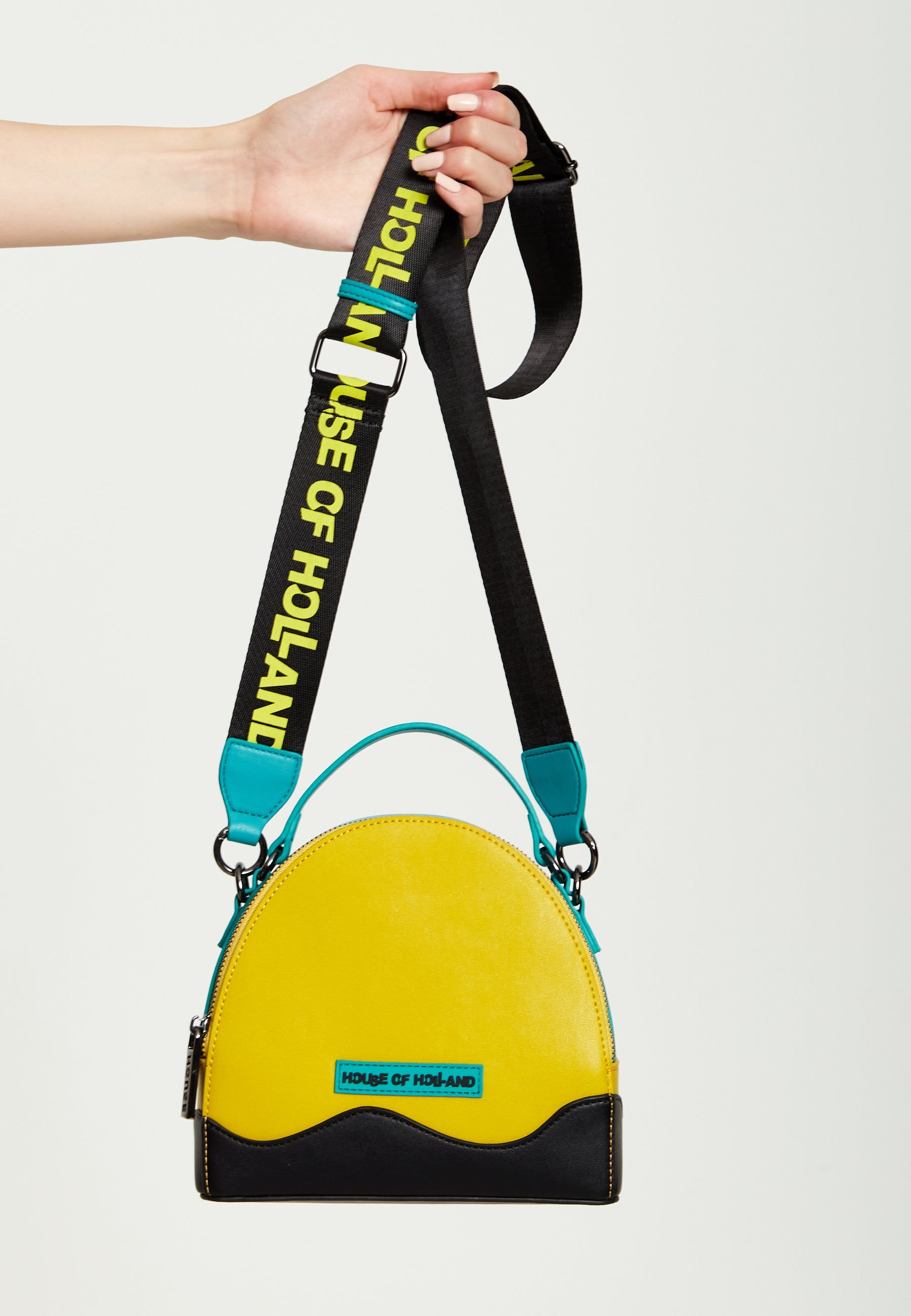 House of Holland Cross Body Bag In Yellow, Black And Blue With Printed Logo