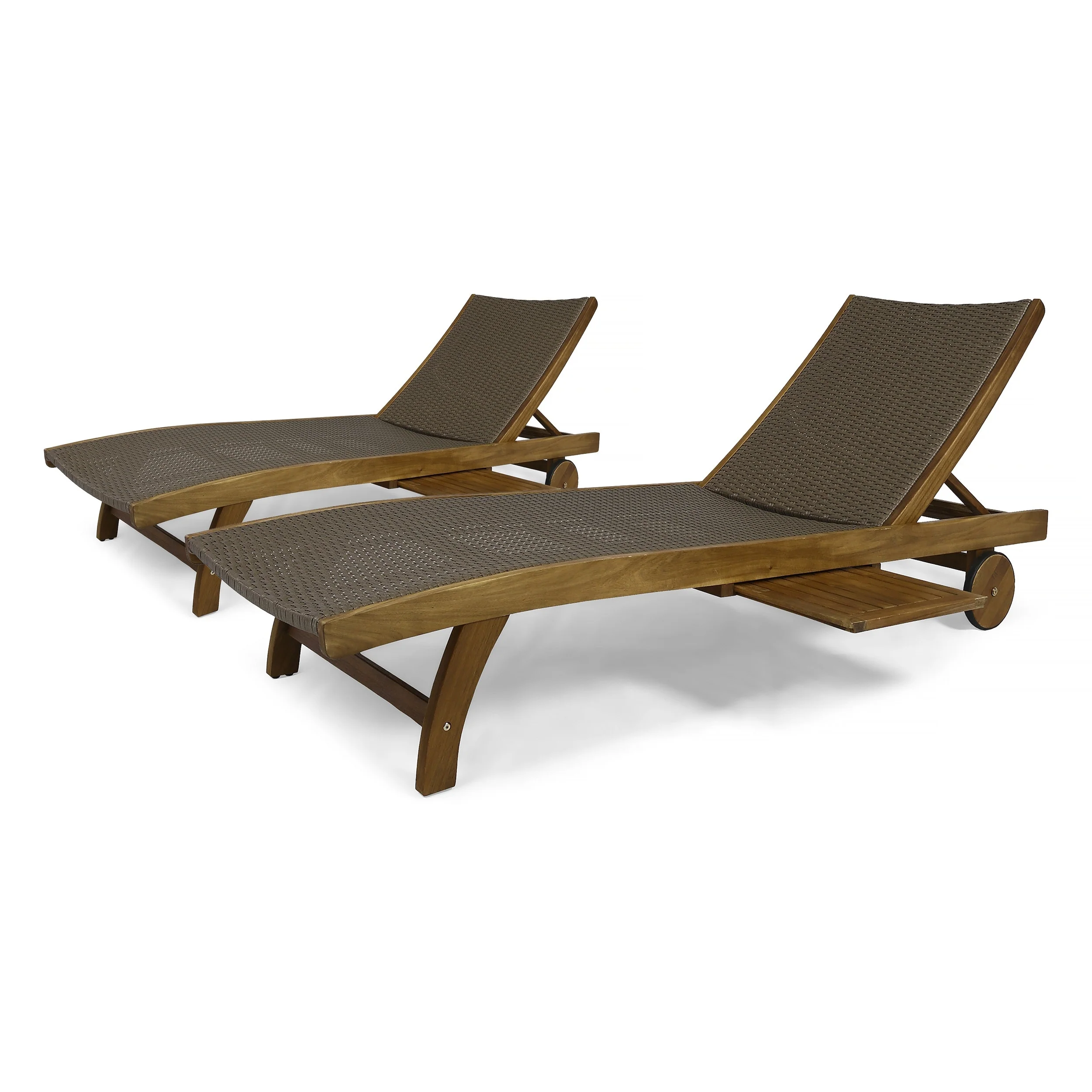 Outdoor Adjustable Rattan Chaise Lounge Set of 2 with Wheels and Pull-Out Tray for Poolside Garden