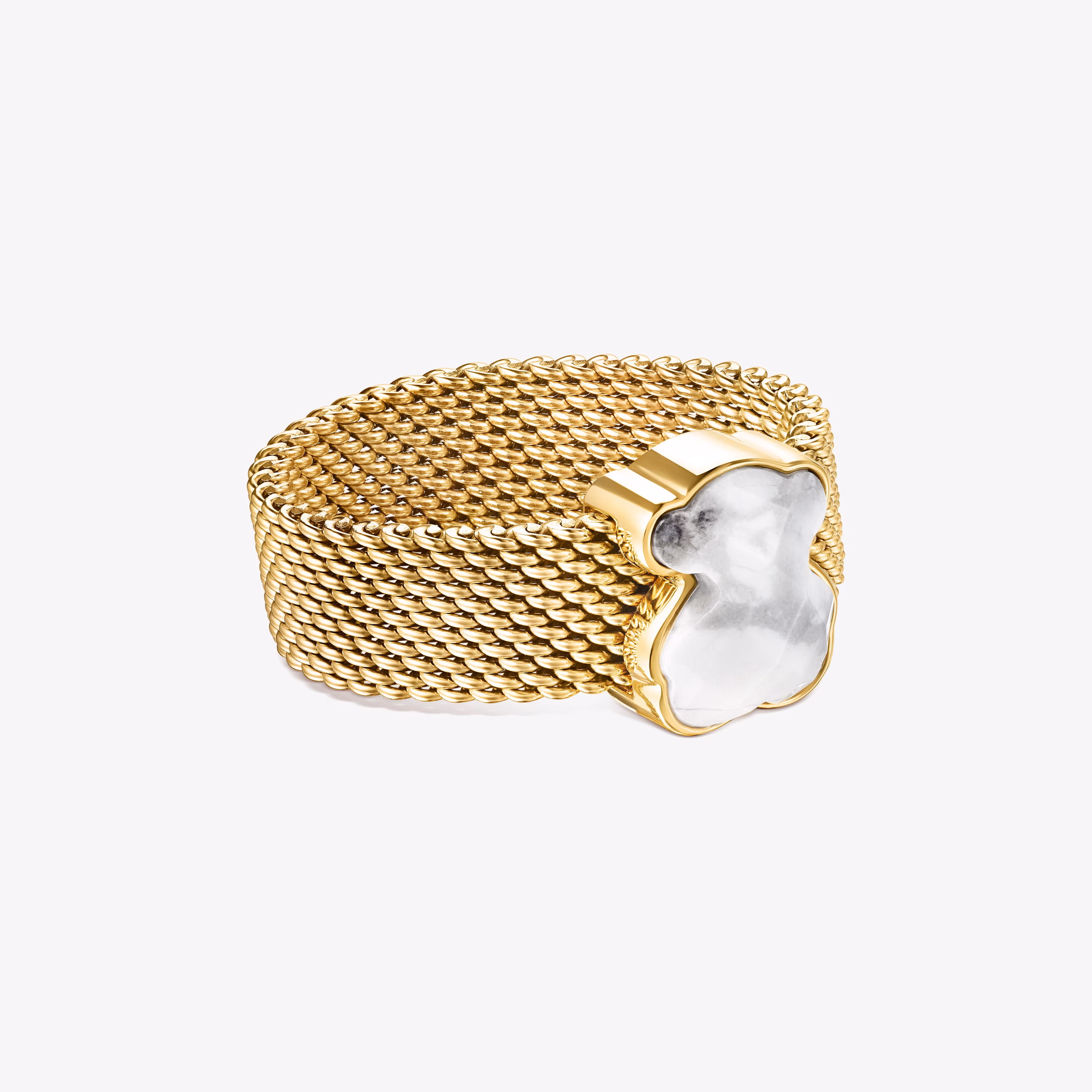 Anillo de acero IP dorado y howlita facetada motivo oso Mesh Color