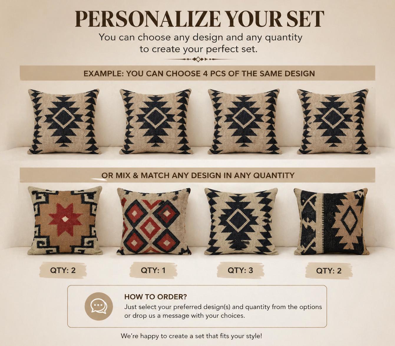 4 Set of Indian Hand Woven Wool Jute Cushion Cover 18 x 18 Inch Jute Pillows Ethnic Vintage Throw Pillow Cases Decorative Sham, Sofa decor set