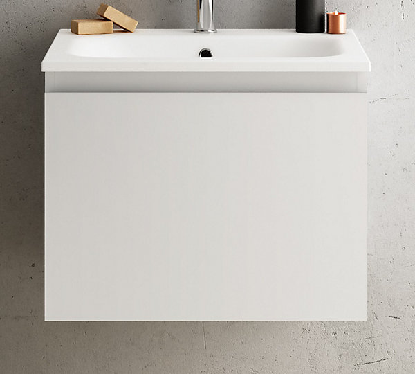 Meuble vasque suspendu blanc mat l.60 cm   plan vasque blanc brillant céramique, Pura