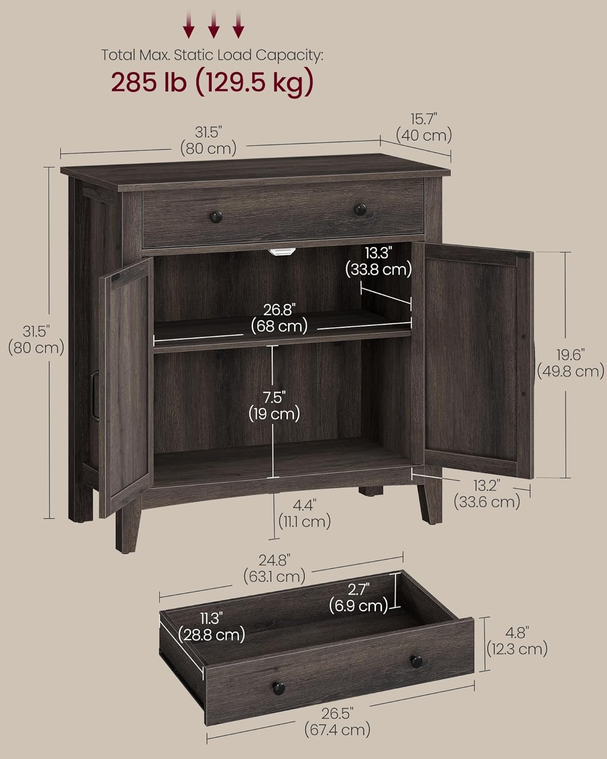 VASAGLE LIRY Collection - Buffet Cabinet, Coffee Bar Cabinet with a Drawer, Adjustable Shelf, Sideboard Storage with Cable Hole, Drawer Divider, Taupe Brown UBBK341TA01S