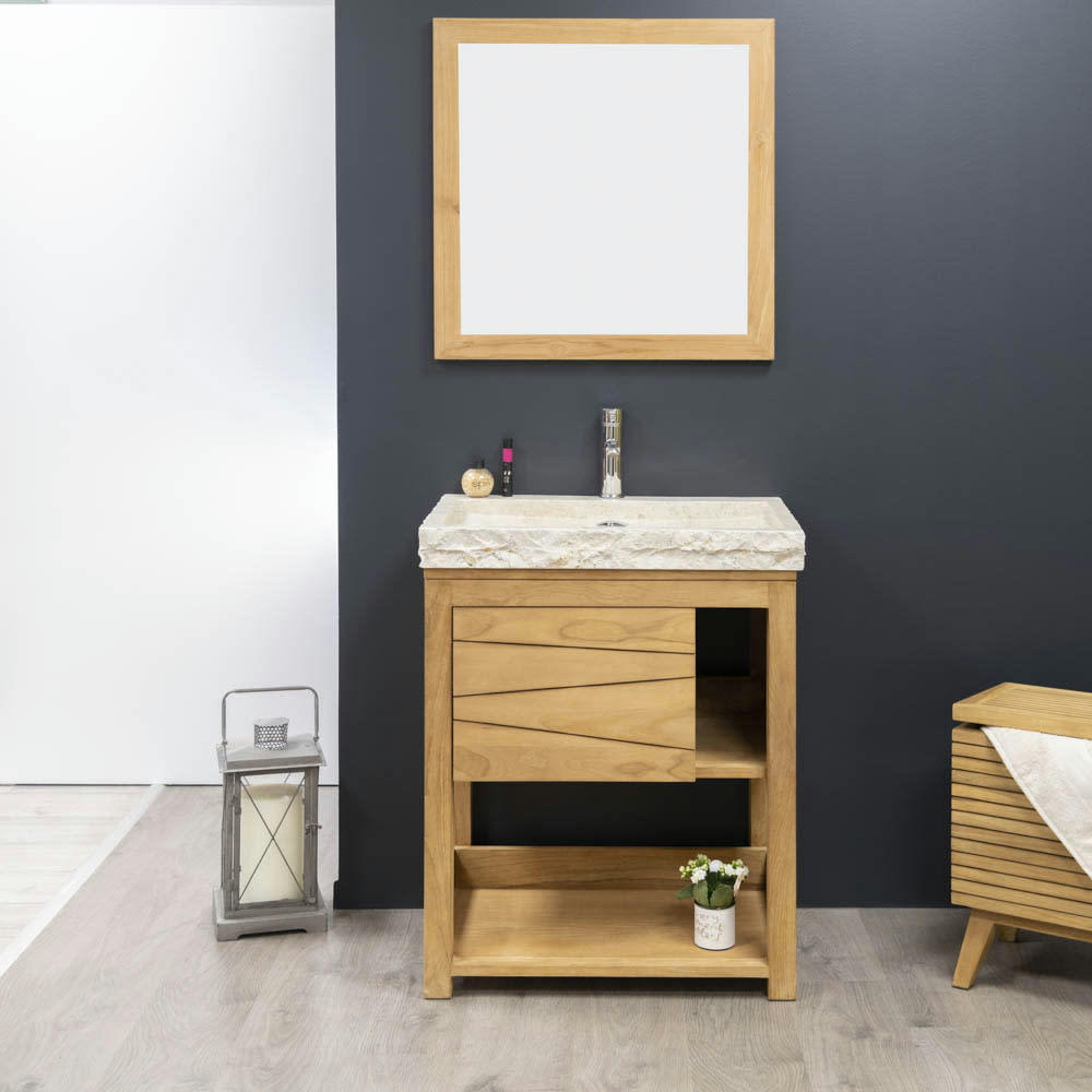 - Meuble salle de bain en teck vasque marbre crème L67cm