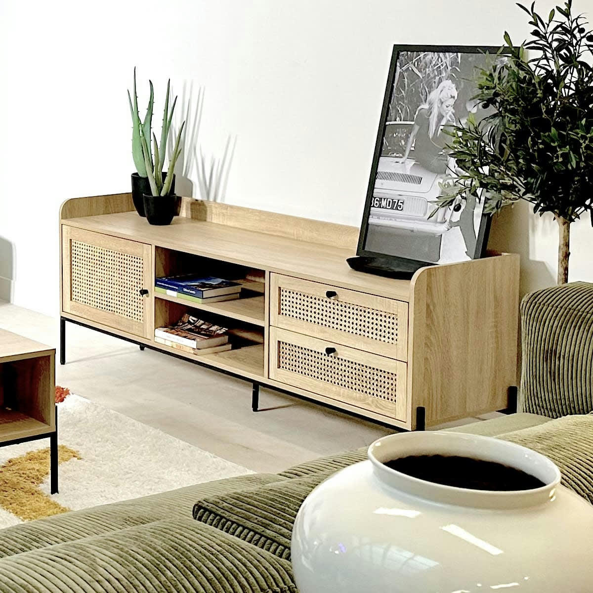 EDEN - Meuble TV 1 porte 2 tiroirs en bois et cannage naturel 160 cm