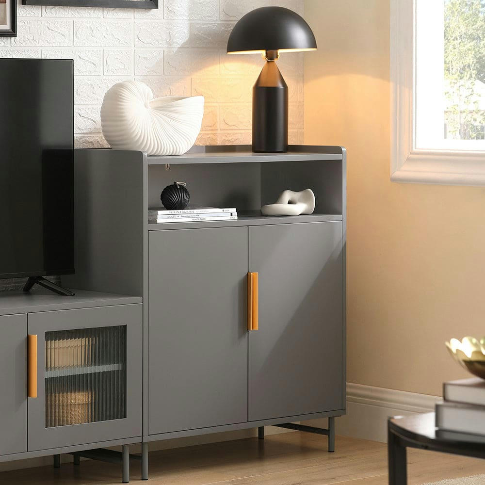 - Buffet de rangement 1 compartiment 2 portes effet bois gris