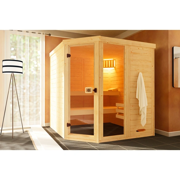 Massivholzsauna »LAUKKALA 3«, 6 Personen, inkl. 9 kW Ofen mit integrierter Steuerung