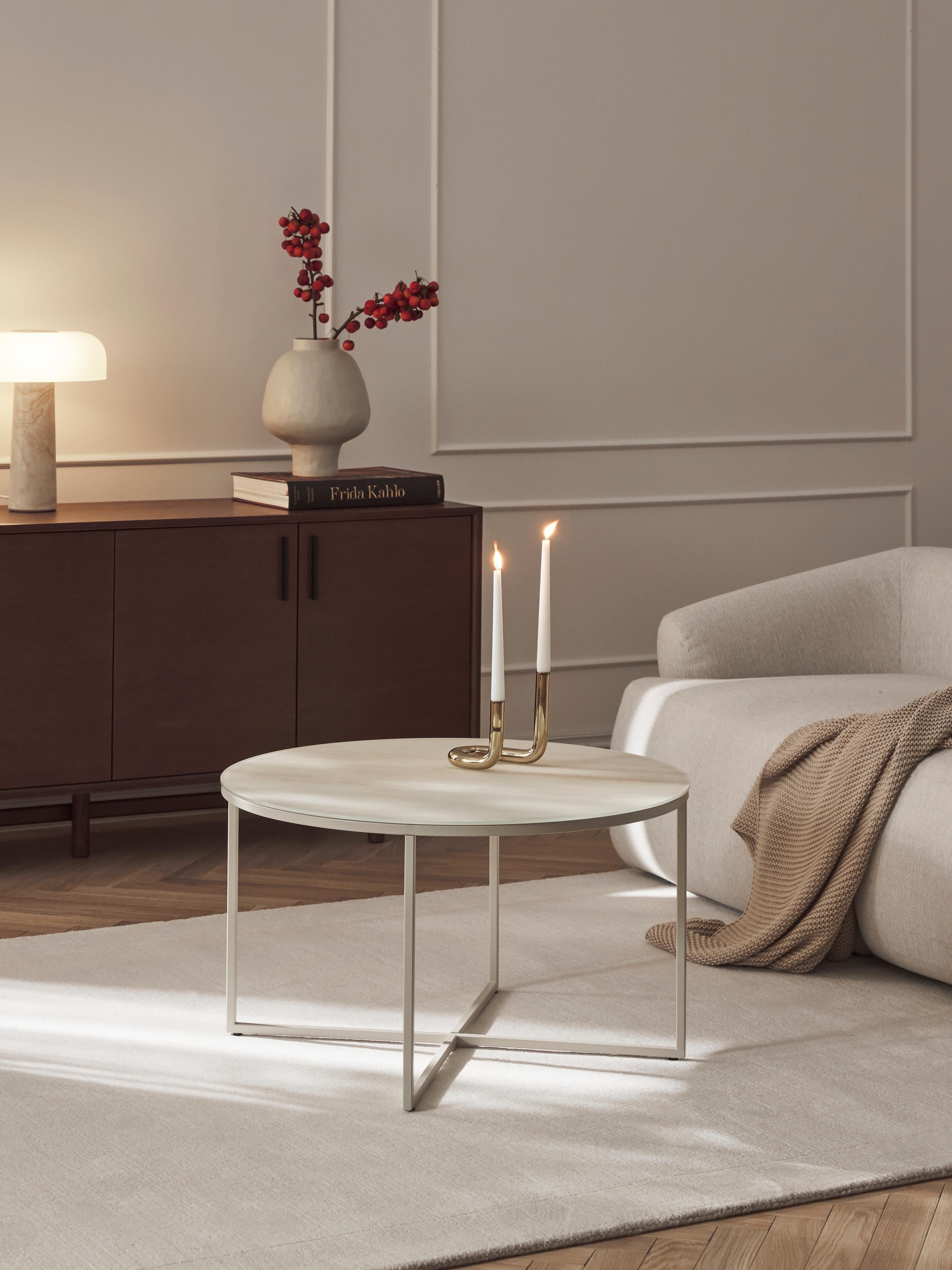 Runder Couchtisch Antigua mit Glasplatte in Travertin-Optik