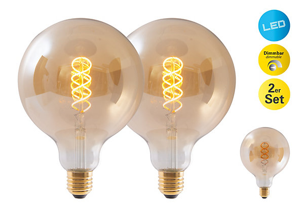 Lot de 2 ampoules LED douille E27, 5 watts D: 12,5cm, métal et verre, ambre