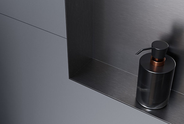 Niche murale douche acier inox   Spot LED, étagère douche encastrable NT303010X - 30x30x10cm (HxLxP) - Gun métal, 1x Spot noir mat