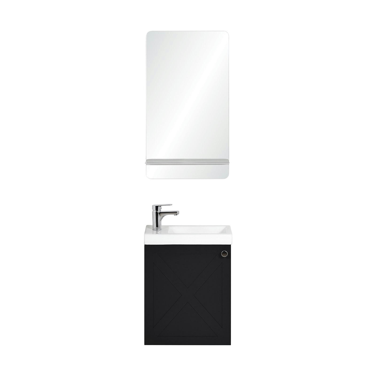 AVA - Meuble lave-mains  noir carbone + miroir tablette blanche + rob chromé