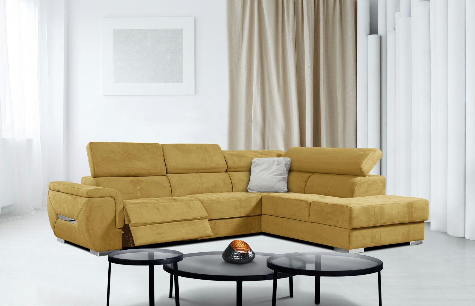 KELTE - Canapé d'angle droit 5 places avec une relaxation tissu jaune