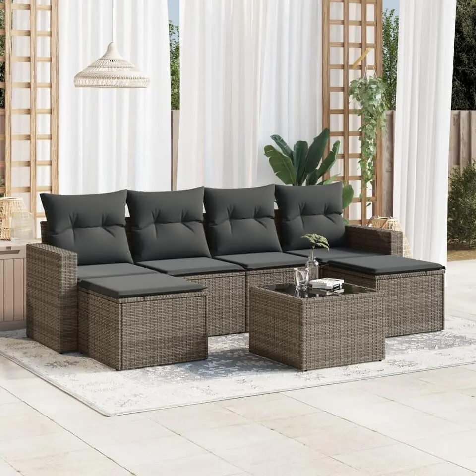 vidaXL - Loungeset - Grijs - Poly rattan - 7 stuks - Met kussens