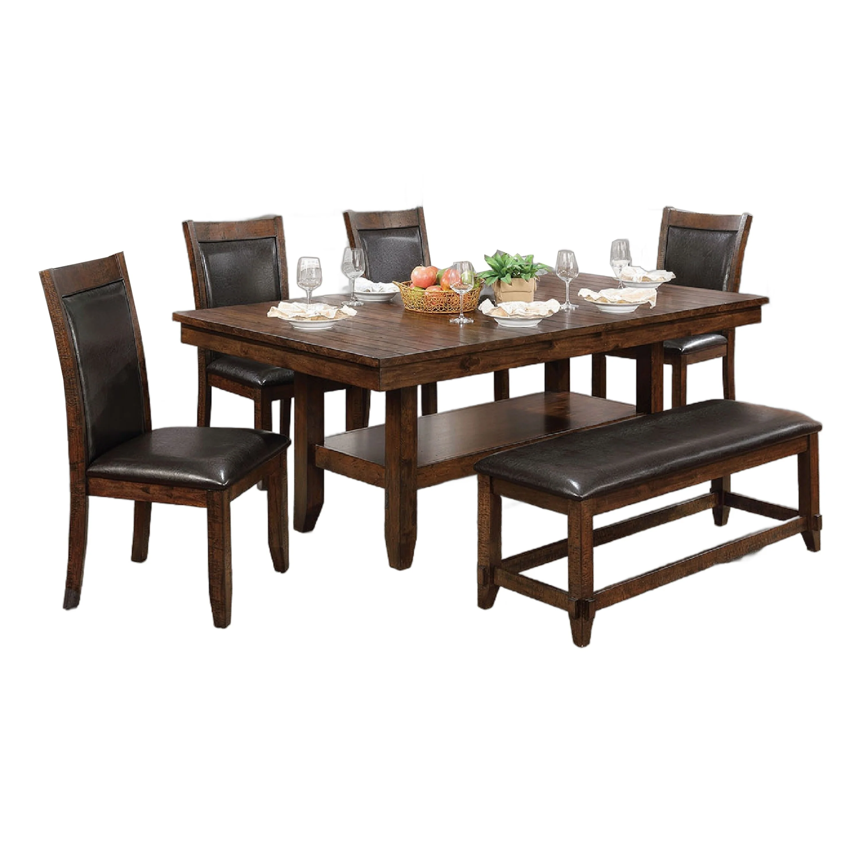 Ean 6pc Dining Table Set, 1 Bench, Cherry Wood, Espresso Faux Leather