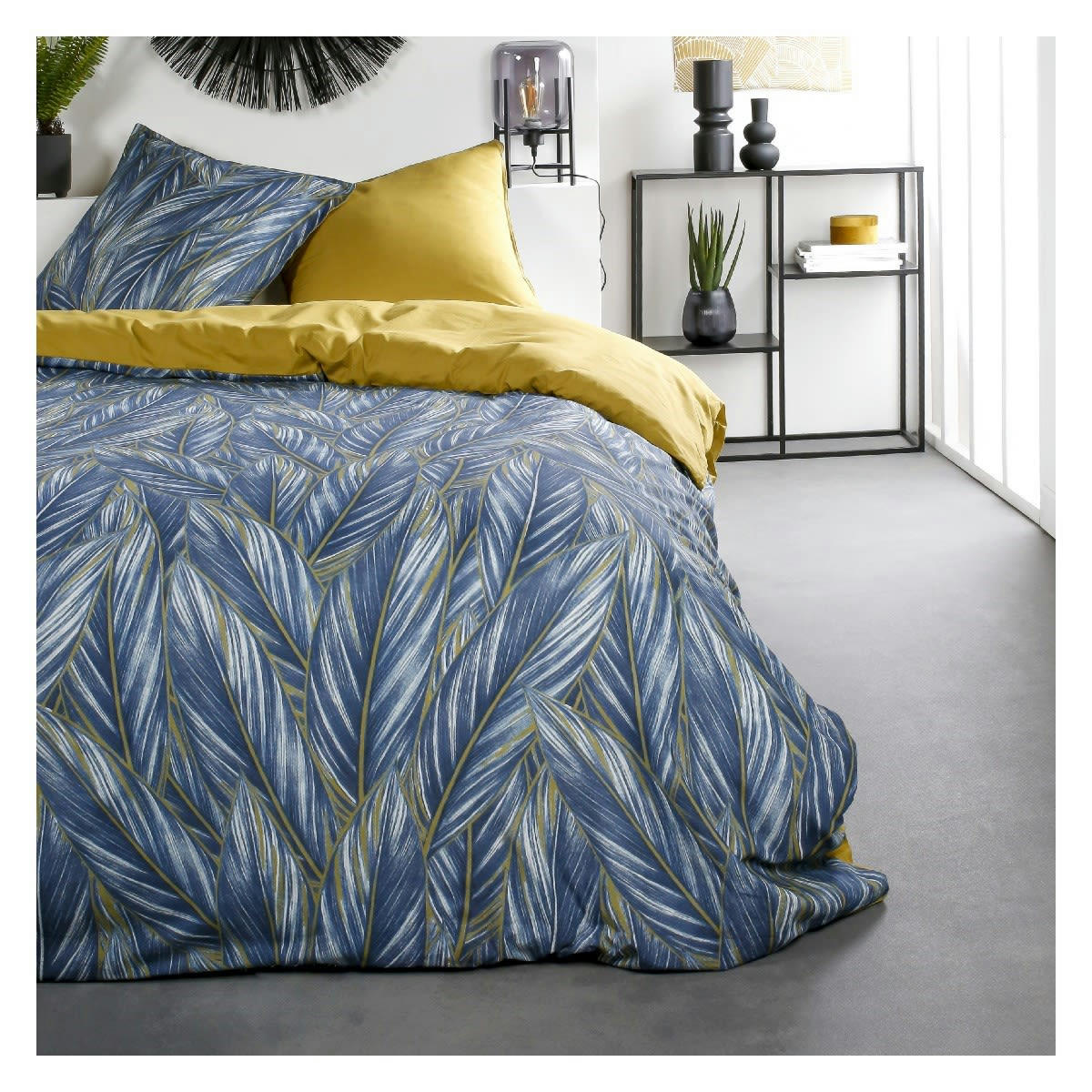 SUNSHINE - Parure de lit 2 personnes imprimé floral en Coton Bleu 220x240 cm