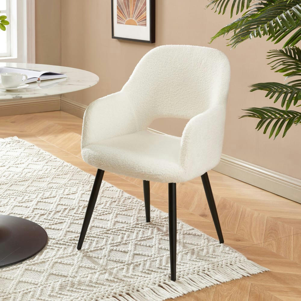 JUNIA - Fauteuil de table en tissu bouclette ecru