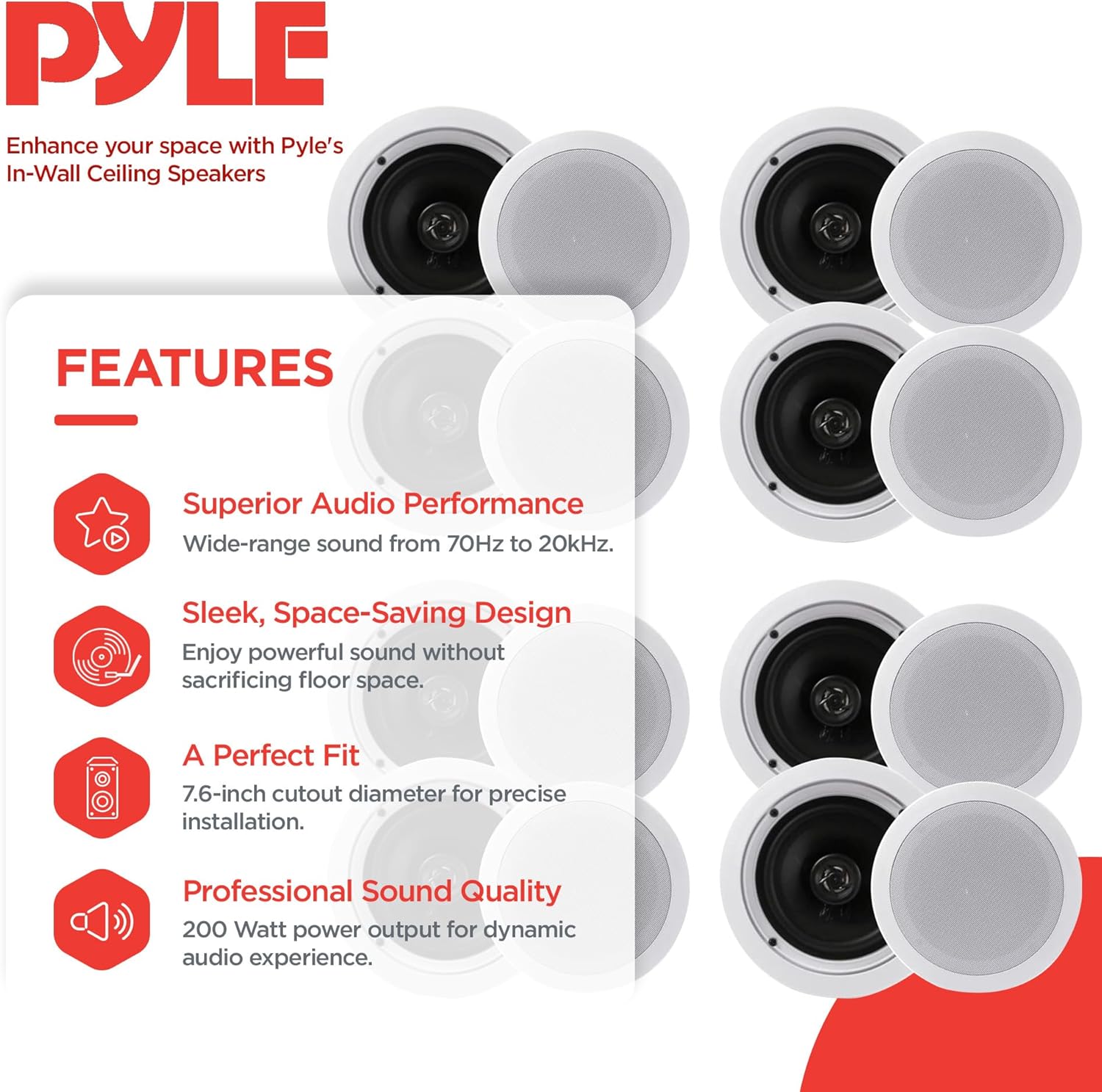 Pyle PDIC1661RD 6.5 Inch 200 Watt in Ceiling Wall Speakers 2 Way Flush Mount Home Indoor Stereo Speaker System Pair, White (4 Pairs)