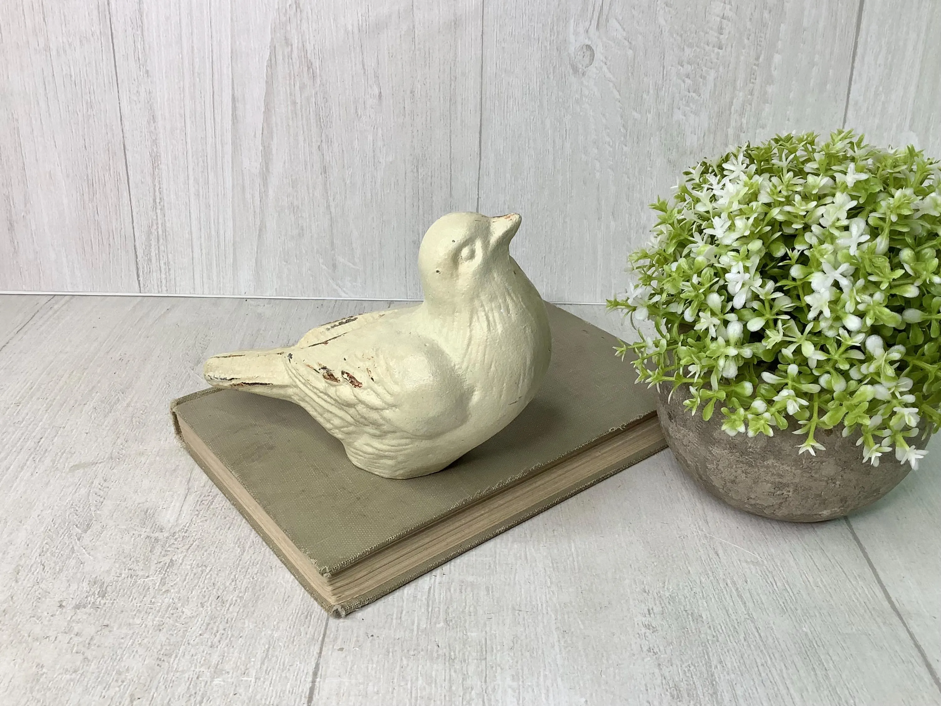 Vintage Cast Iron Bird Figurine/ Distressed Cream White Decorative Metal Bird Sculpture/ Doorstop, Paperweight/ Farmhouse, Shabby Chic