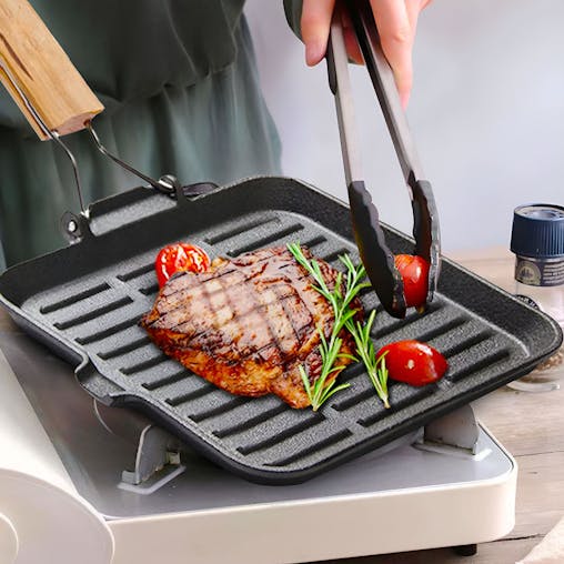SOGA Cast Iron Ribbed Square Steak Grill Pan Wooden Handle 24cm
