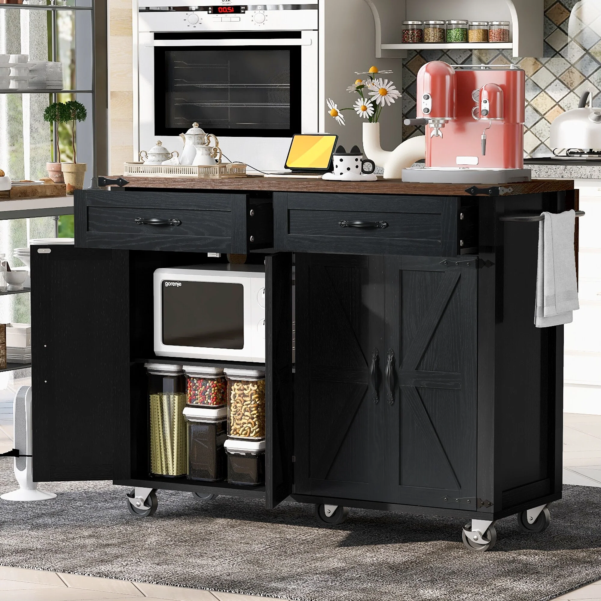 Kitchen Island on 5 Wheels with Drop Leaf, Portable Kitchen Island Cart, Rolling Cart with Power Outlet, Spice Rack & 2 Drawers