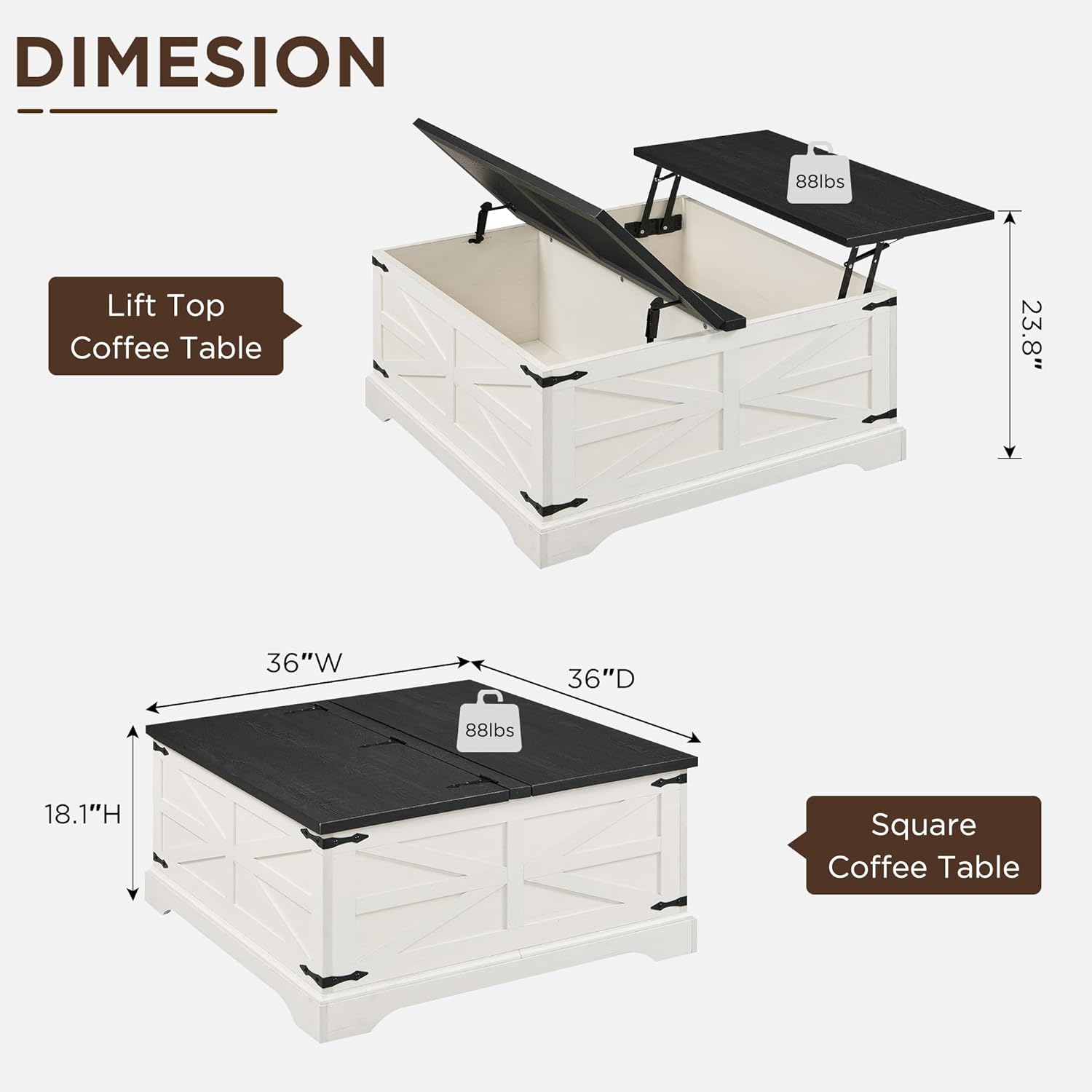 JXQTLINGMU Farmhouse Lift Top Coffee Table with Storage, 36 Wood Square Center Table with Large Hidden Compartment, Rustic Lift Tabletop Dining Table for Home Living Room, White