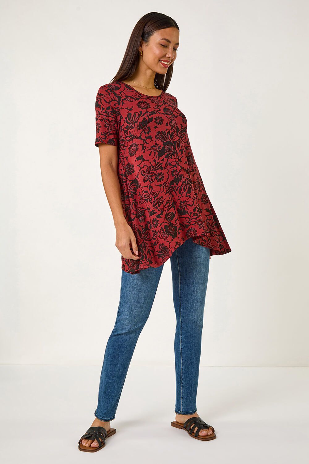 Roman Floral Print Hanky Hem Tunic Top