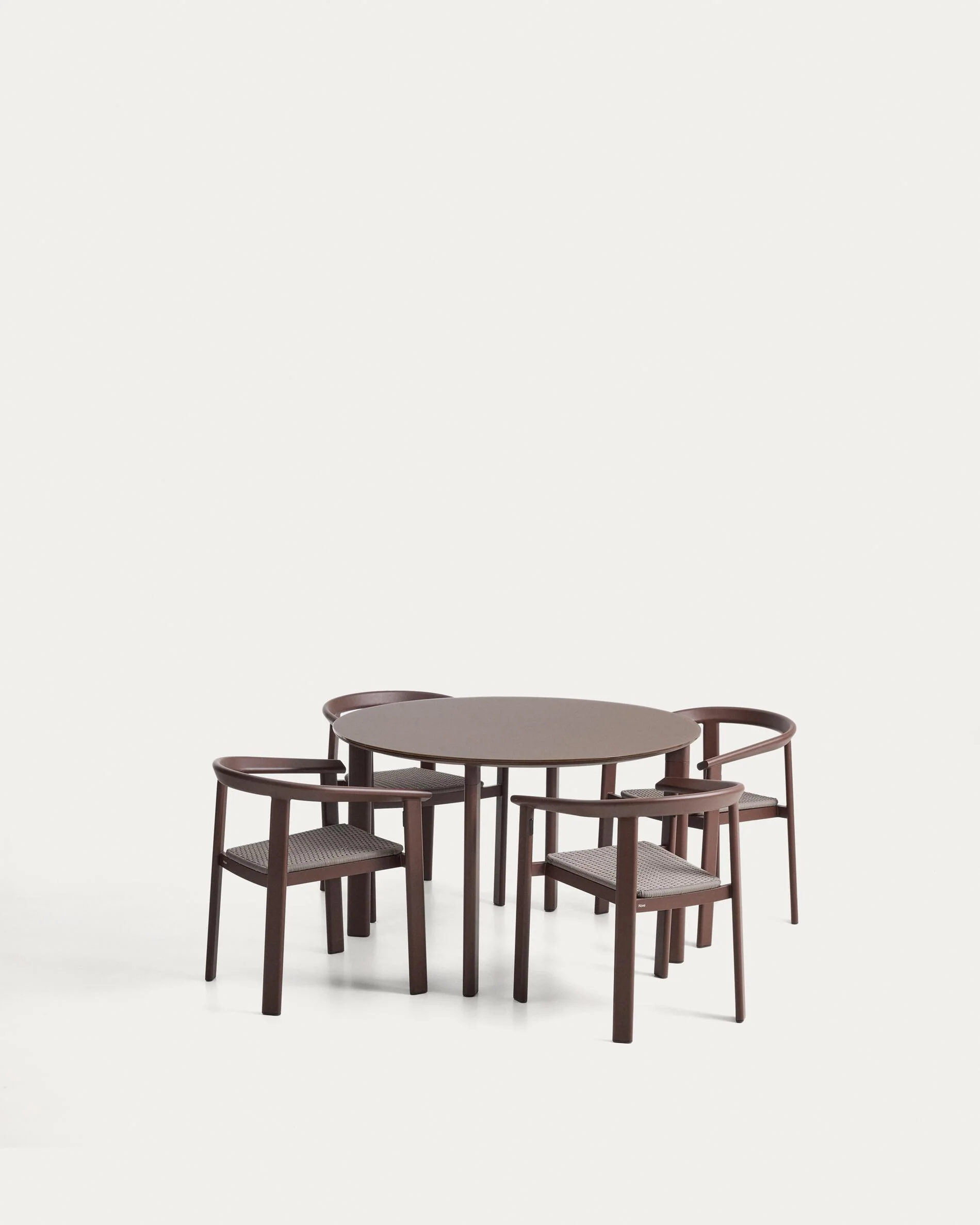 Erice set of 4 stackable chairs in aluminium and rope cord and a table in brown aluminium and tempered glass Ø120cm