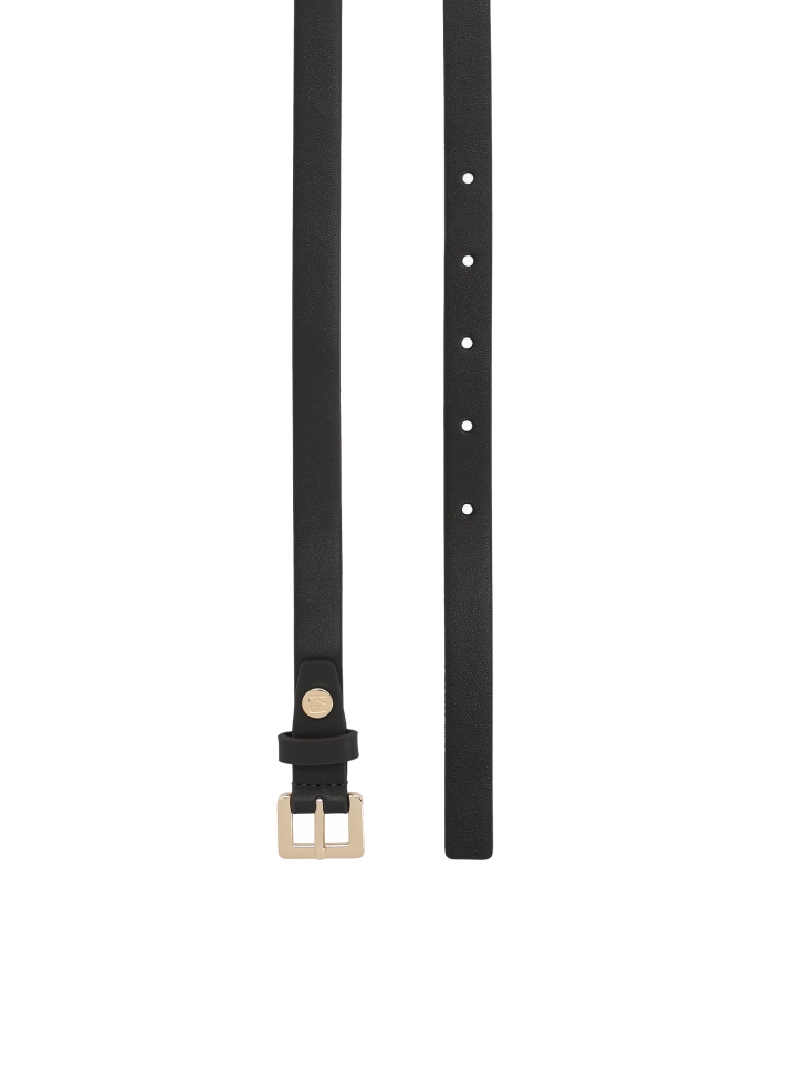 Narrow black natural leather belt with gold buckle