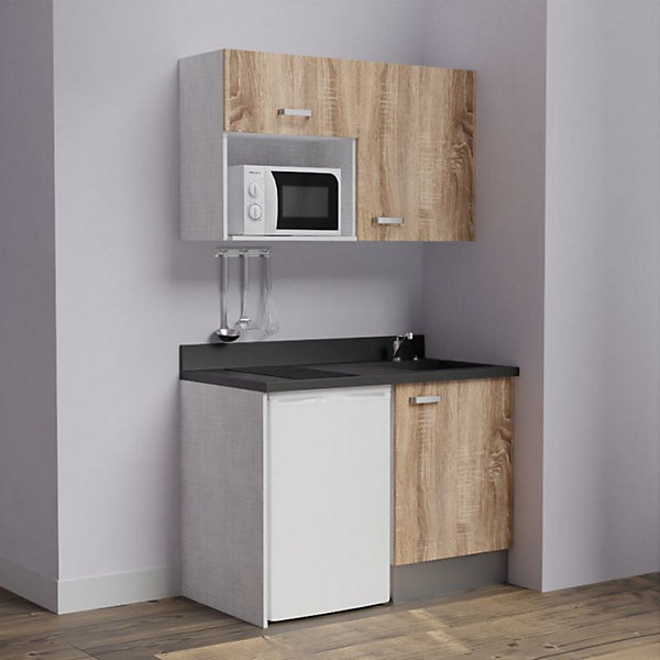 Kitchenette K07 - 120 cm - façades Bois - Plan monobloc en quartz coloris Nero évier à droite