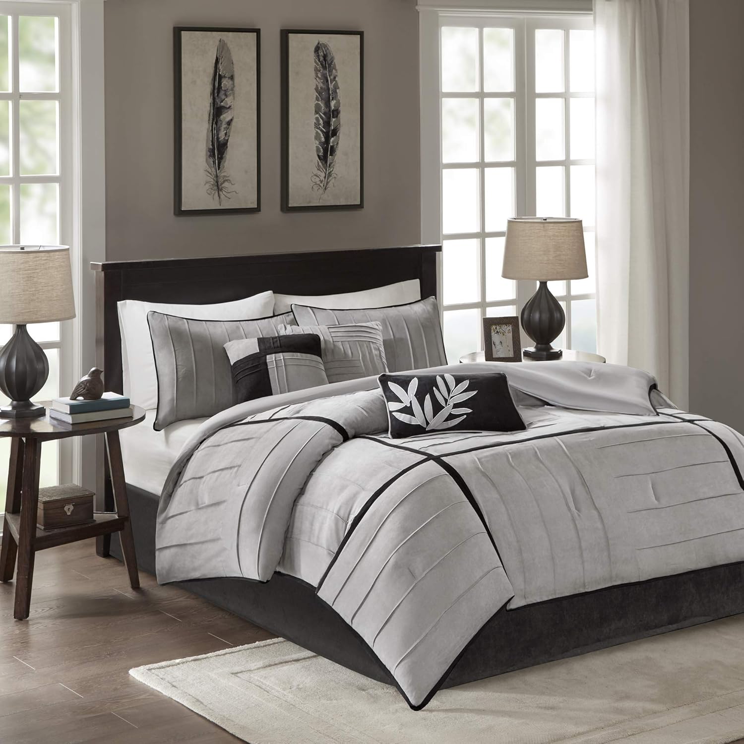 Madison Park Cozy Comforter Set Casual Blocks Design All Season, Matching Bed Skirt, Decorative Pillows, King(104x92), Dune Suede, Black Grey, 7 Piece