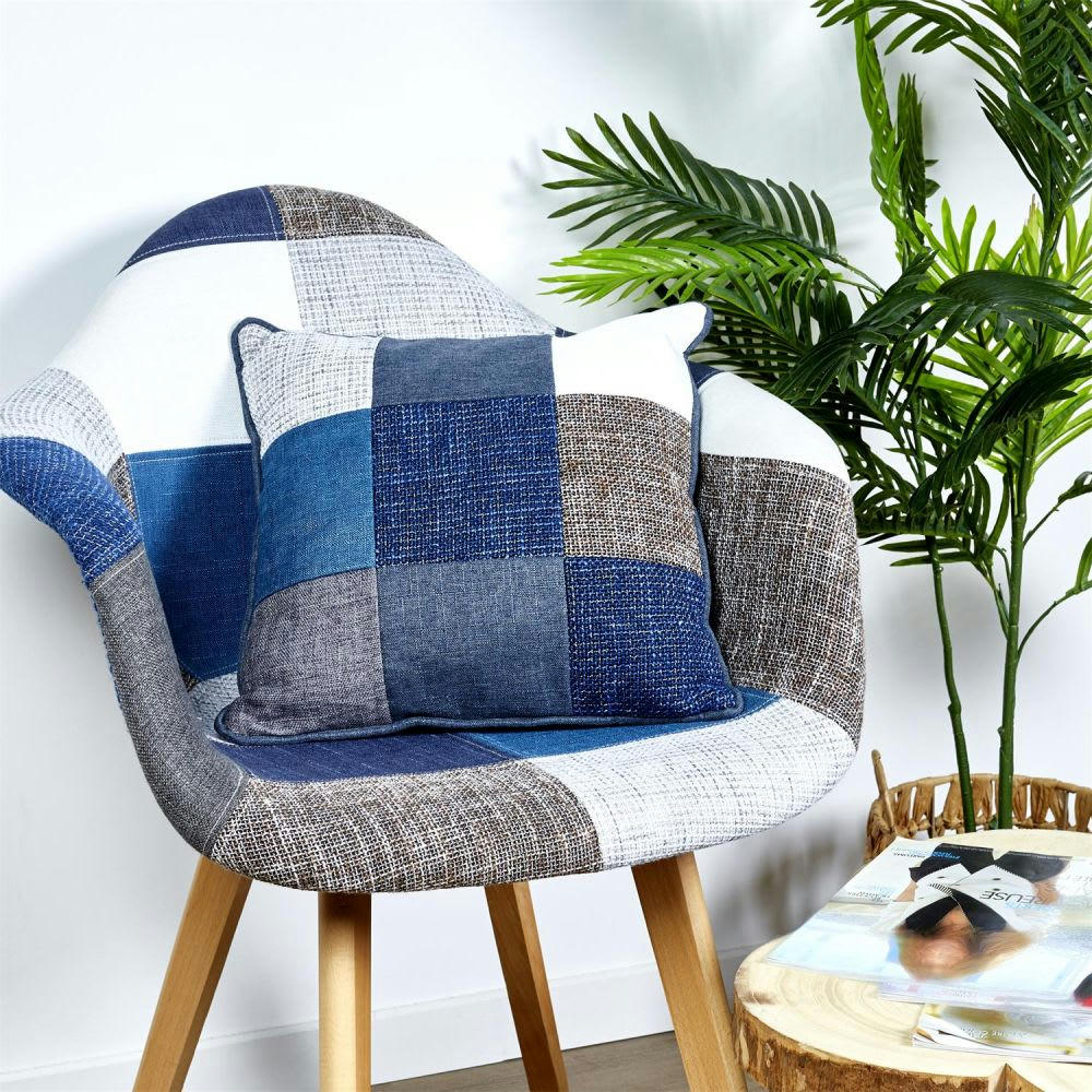 - Coussin patchwork bleuté déhoussable 40x40 cm