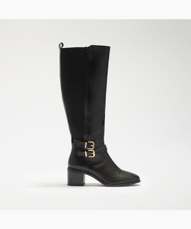 Tabbi Black - Leather Buckle-Detail Knee-High Boots