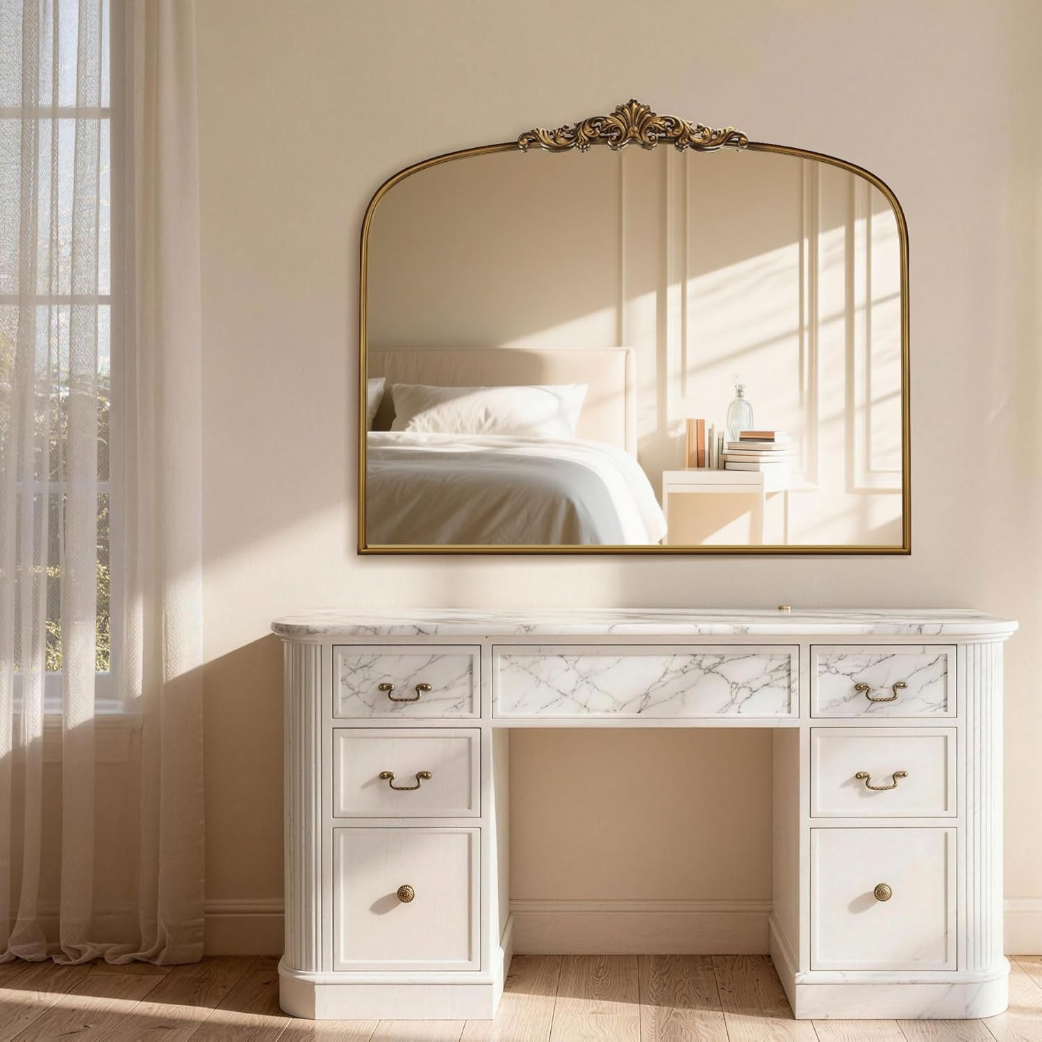 Vintage Gold Ornate Baroque Mirror - 36X30 Arched Antique Brass Mirror with Full Metal Frame - Ideal for Entryway, Fireplace, Living Room, Hallway or Wall Decor (Upgrade Tempered Glass)