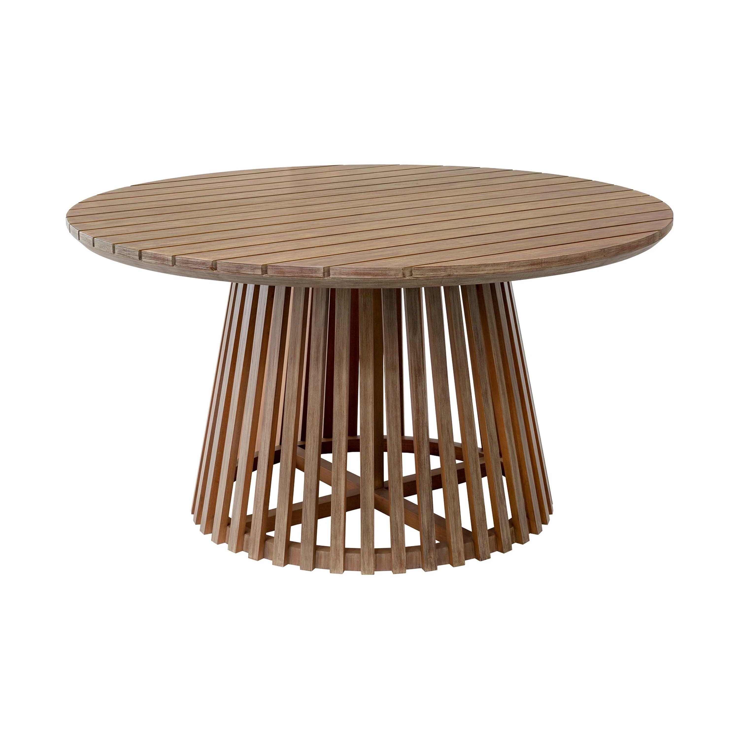 55 Inch Outdoor Dining Table, Slatted, Fluted Base, Brown Eucalyptus Wood