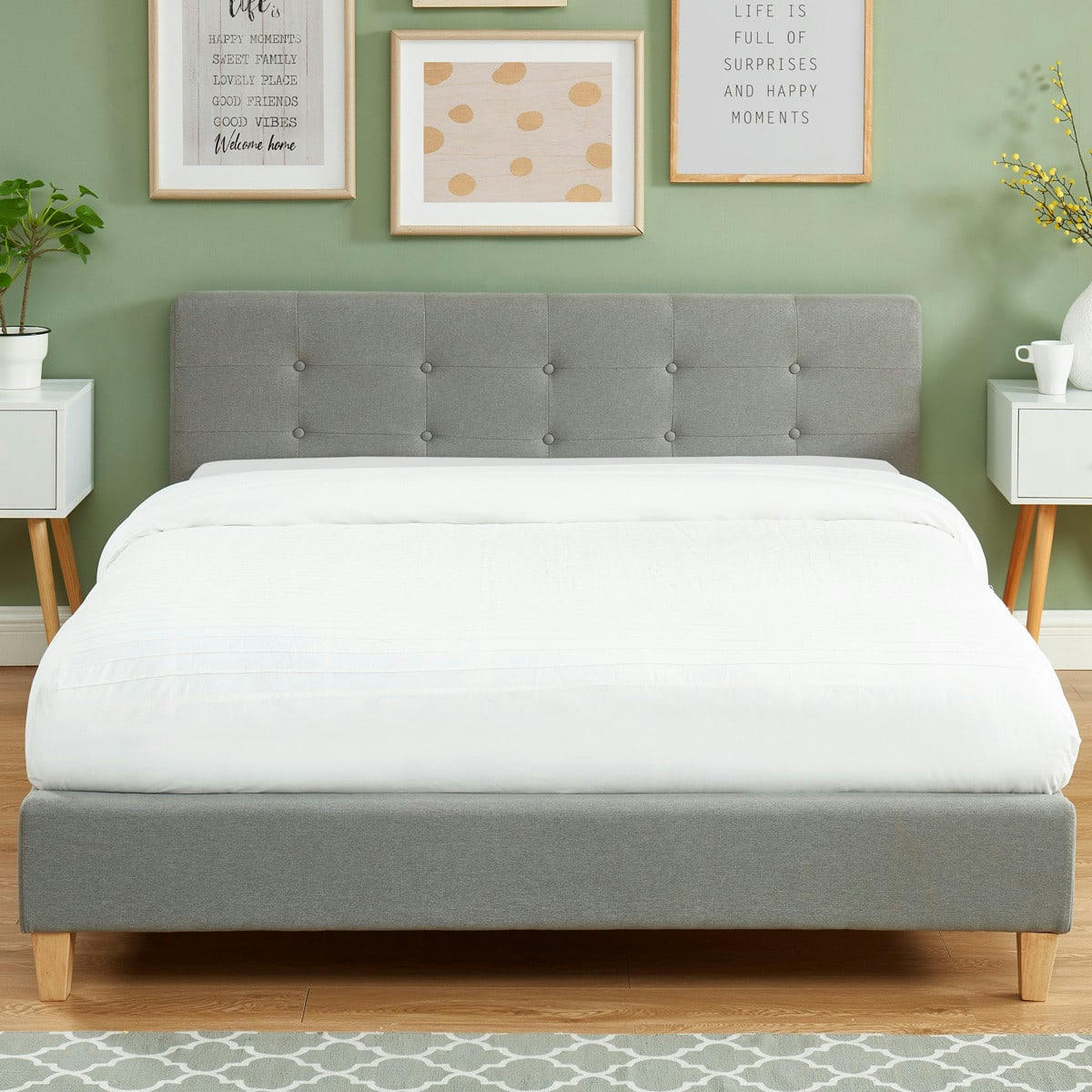 MILO - Lit gris clair 140x190 avec sommier à lattes et tête de lit