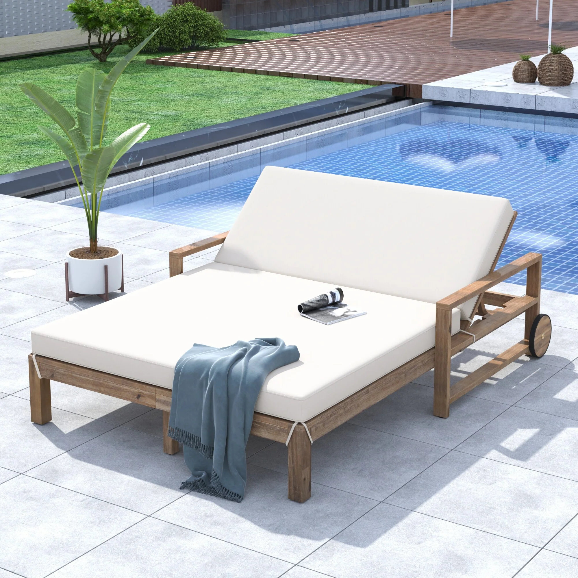 1-Piece Wooden Outdoor Sunbed, Outdoor Daybed Seating 2 People for Poolside, Garden