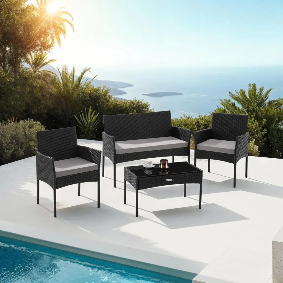tectake Wicker loungeset Palese voor 4 personen - Zwart