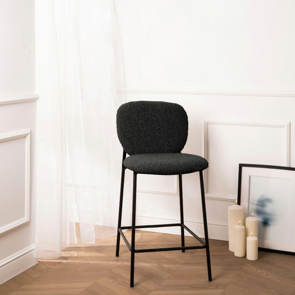 DALBY - Lot de 2 tabourets de bar en tissu bouclette et métal 65cm noir