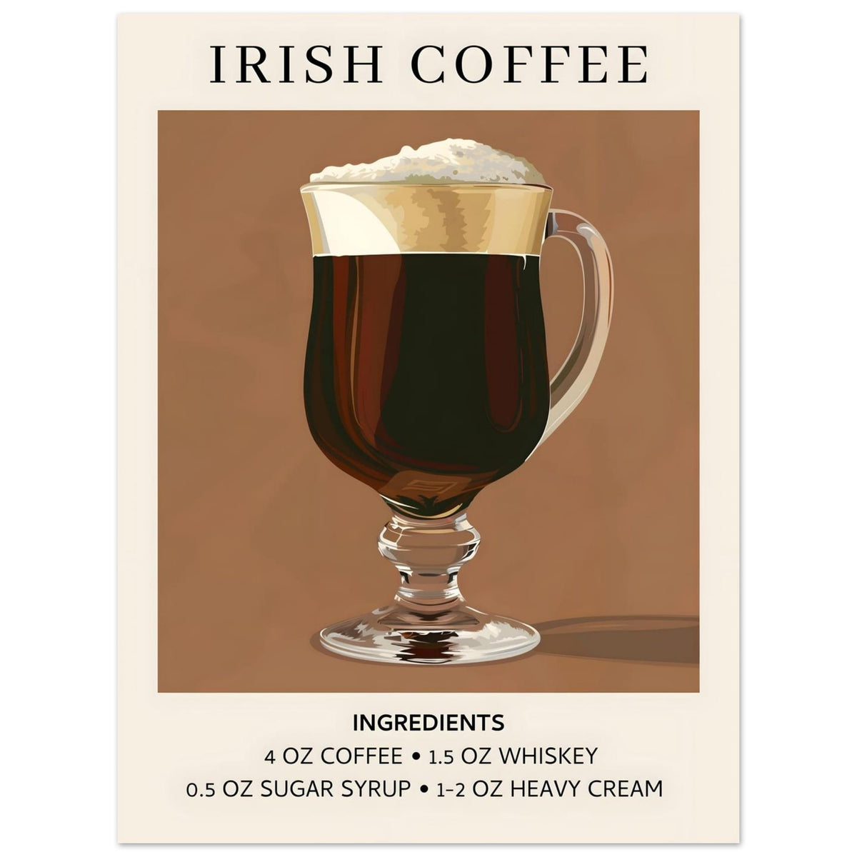 Artfulprints Poster Irish Coffee - Ingrediënten  - 30x40 cm - Bruin