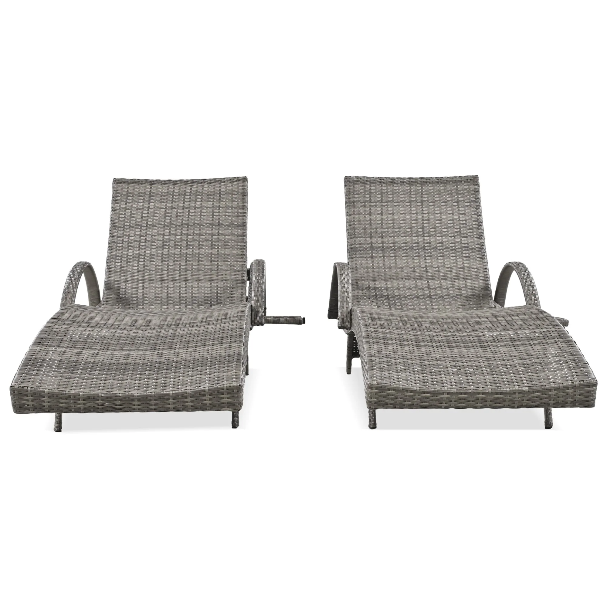 Outdoor Wicker Chaise Lounge Set of 2 Pool Sunbathing Recliners with Adjustable Backrest and Pull-Out Side Table